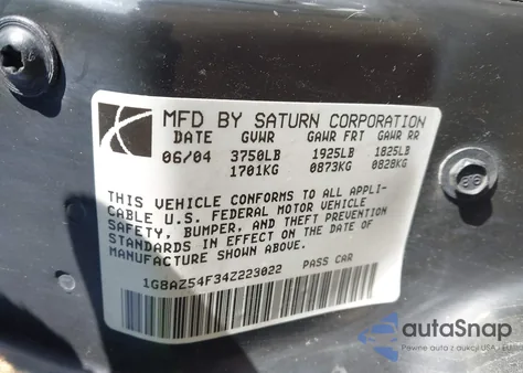 2004 Saturn Ion 2 from USA, damaged, VIN 1G8AZ54F34Z223022
